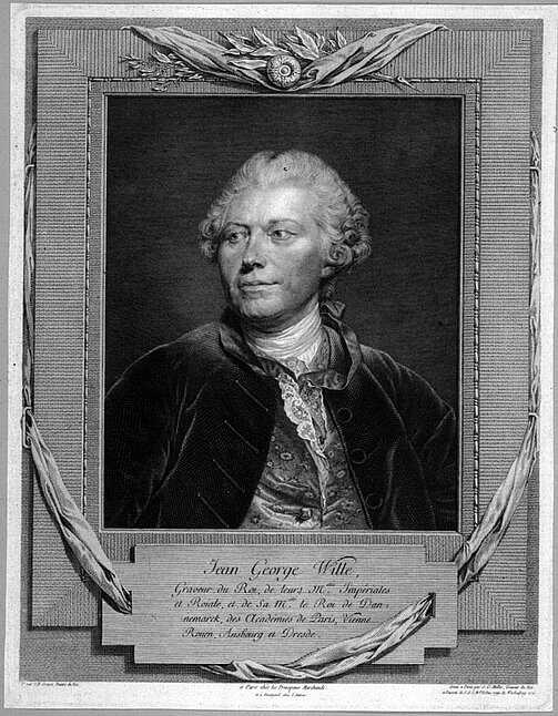 Johann Georg Wille (1715-1808) gehörte zu den bedeutendsten Kupferstechern des Ancien Régime und Napoléon I. berief ihn, nachdem er während der Französischen Revolution verarmte, in die Ehrenlegion und an die Academie Francaise.