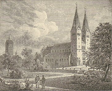 Abdinghofkirche in Paderborn um 1872 (aus: Werner Schuch - Das malerische und romantische Westphalen. UB Paderborn, ge­meinfrei, https://com­mons.wikimedia.org/w/index.php?curid=23910 351). – Frantz* Anton Hungerge (1734 – 1814) arbeitete hier 1753 im Alter von 19 Jahren als Koch. Sein Sohn Wilhelm war von 1789 bis 1790 Alumnus im 5 Minuten Fußweg entfernten Bischöflichen Pries­terseminar (heute Kamp 6).