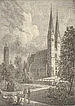 Abdinghofkirche in Paderborn um 1872 (aus: Werner Schuch - Das malerische und romantische Westphalen. UB Paderborn, ge­meinfrei, https://com­mons.wikimedia.org/w/index.php?curid=23910 351). – Frantz* Anton Hungerge (1734 – 1814) arbeitete hier 1753 im Alter von 19 Jahren als Koch. Sein Sohn Wilhelm war von 1789 bis 1790 Alumnus im 5 Minuten Fußweg entfernten Bischöflichen Pries­terseminar (heute Kamp 6).