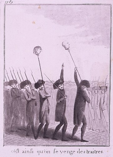 Nach der Erstürmung der Bastille und der Ermordung des Prévôt de marchands von Paris wurden die Köpfe von Flesseles und Launay auf Mistgabeln aufgespiest durch Pariser Straßen getragen.