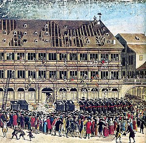 Sturm auf das Straßburger Rathaus am 22.07.1789 durch aufgebrachte Tagelöhner und Handwerker.