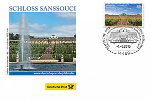 Sonderbriefumschlag mit Stempel und Briefmarke Schloss Sanssouci vom 01.03.2016 |© Deutsche Post DHL Group