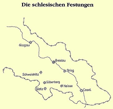 Eine Übersichtskarte mit den Festungen in Schlesien im Jahre 1806