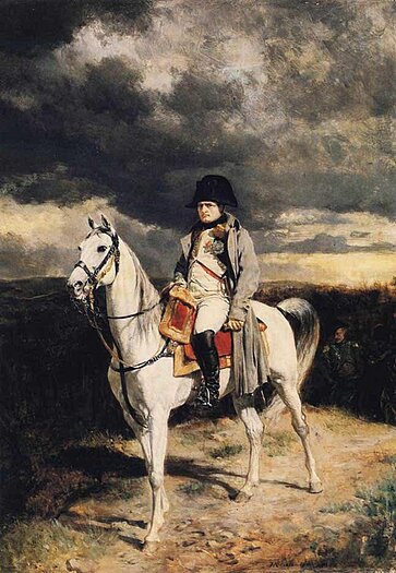 Kaiser Napoléon I. auf seinem Weißen Schimmel reitend.