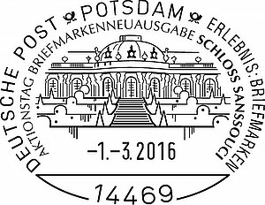 Sonderstempel Potsdam 01.03.2016 anlässlich der Sonderbriefmarke Schloss Sanssouci © Deutsche Post DHL Group