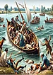 Ein kenterndes Boot mit Menschen, die im Wasser treiben und sich am Bord eines kenternden Kahnes befinden. Erste Tote werden geborgen.