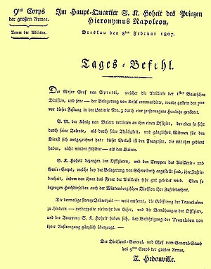 Tagesbefehl des 9. franz. Korps vom 08.02.1807 anlässlich des Todes des bayerischen Artillerie-Majors Cajetan von Spreti bei Cosel.