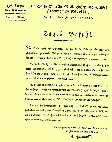 Tagesbefehl des 9. franz. Korps vom 08.02.1807 anlässlich des Todes des bayerischen Artillerie-Majors Cajetan von Spreti bei Cosel.