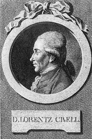 Lorenz von Crell (1744-1816) war Mediziner und Chemiker. Sein großer Verdienst liegt in der Herausgabe der ersten Fachzeitschrift für Chemiker im Jahre 1778. Erst 1804 stellte er die Zeitung ein, die mehrfach ihren Namen wechselte.