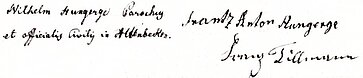 Abb. 2: Unterschriften von Wilhelm Hungerge (1767 – 1808), seinem Vater Frantz* Anton Hungerge (1734 – 1814) und dem Schneider, Küster und Schulmeister Franz Tillmann (1779 – 1821) im Zivil­standsregister Buke (1808, digital bear­beitet). Erläuterungen dazu im Text.
