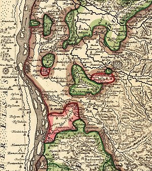Die Herrschaft Heitersheim (pink) mit Enklaven um das Jahr 1718 nach einer Karte von Johann Baptist Homann