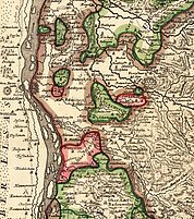 Die Herrschaft Heitersheim (pink) mit Enklaven um das Jahr 1718 nach einer Karte von Johann Baptist Homann