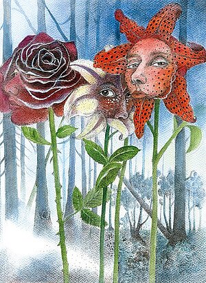 Zwei Blumen mit roten Blumen und Gesicht als Illustration zu Hoffmanns Erzählungen von Aleksandra Kucharska-Cybull