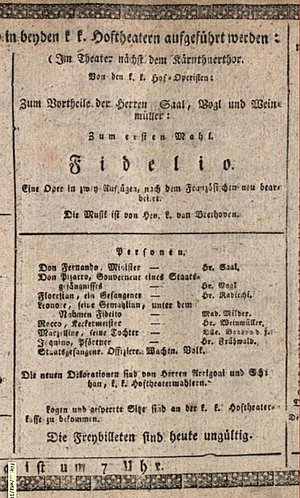 Ankündigung zur Uraufführung der Beethoven-Oper »Fidelio« am 23.05.1814 in Wien