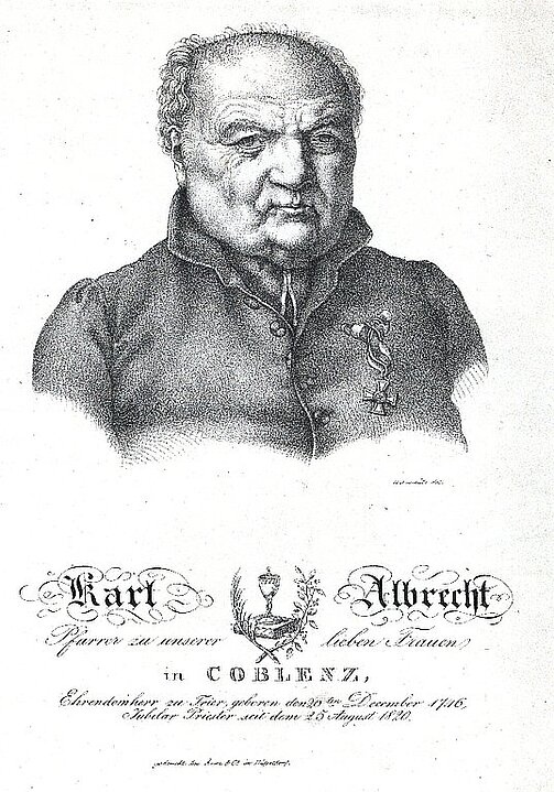 Carl Albrecht (1746-1833) war zunächst Benediktinermönch und von 1802 bis 1833 Pfarrer an der Kirche Liebfrauen in Koblenz. Er legte den Eid auf die französische Verfassung 1802 ab und gehörte im Jahre 1815 zu einer Delegation die von Hardenberg eine Verfassung für das Rheinland forderte.