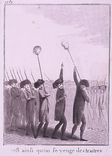 Nach der Erstürmung der Bastille und der Ermordung des Prévôt de marchands von Paris wurden die Köpfe von Flesseles und Launay auf Mistgabeln aufgespiest durch Pariser Straßen getragen.