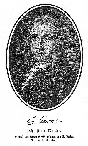 Christian Garve (1742-1798) war Philosoph, Schriftsteller und Übersetzer. Er geriet mit Immanuel Kant in eine hefitge wissenschaftliche Auseinandersetzung.