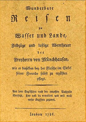 Cover der von Gottfried August Bürger im Jahre 1786 anonym veröffentlichten Erzählungen des Freiherrn von Münchhausen mit fingierten Druckort London.