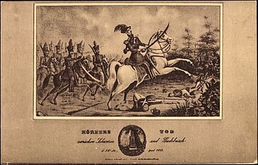 Postkarte: Heldentod Karl Theodor Körners am 26.08.1813 im Wald bei Gadebusch aus dem Jahre 1913 auf einer Postkarte des frühen 20. Jahrhunderts