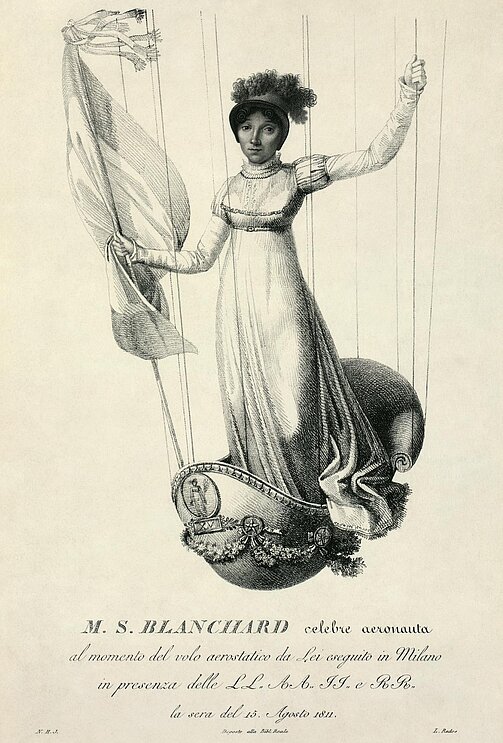 Sophie Blanchard (1778-1819) war die erste professionelle Aeronautin und wurde sowohl von Napoleon I., der ihr den Titel einer Kaiserlichen Aeronautin verlieh, als auch von Louis XVIII. sehr geschätzt.
