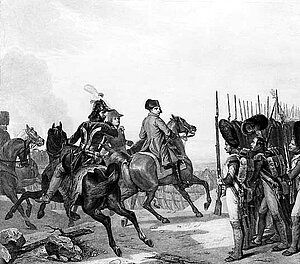 Napoléon Bonaparte inspiziert nach der Schlacht von Jena am 14.10.1806 seine Truppen