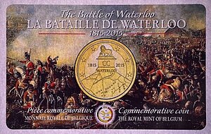 Sammlermünze zum Nennwert von 2,50 € mit dem Löwenhügel auf dem 15km südlich gelegenen Schlachtfeld bei Waterloo.
