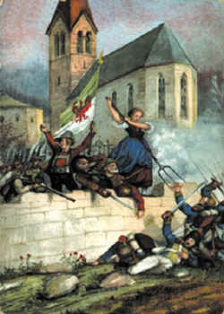 Katharina Lamz (1771-1854) war ein einfaches Dienstmädchen, das während des französischen Angriffes auf das Tiroler Dorf Spinges am 02.04.1797 plötzlich mit einer Mistgabel bewaffnet auf der Friedhofsmauer stand und gegen die Franzosen ankämpfte. Bis